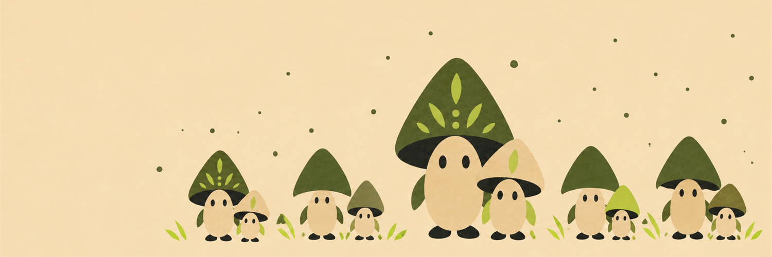 A friendly family of illustrated mushrooms growing together
